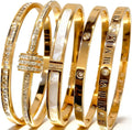 Women's Stainless Steel Bangle Bracelet Set - Five Piece Non Tarnish Stack in Gold, Rose and Silver for the Office - Gol