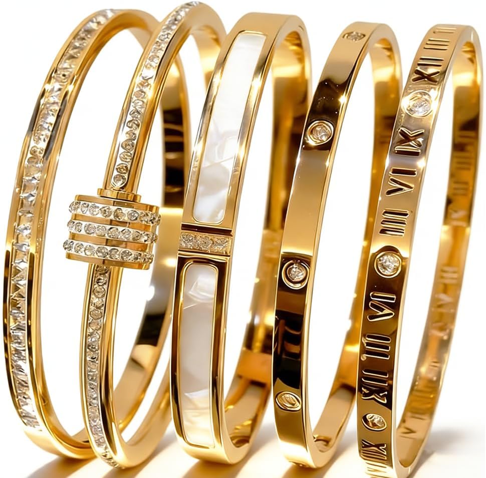 Women's Stainless Steel Bangle Bracelet Set - Five Piece Non Tarnish Stack in Gold, Rose and Silver for the Office - Gol