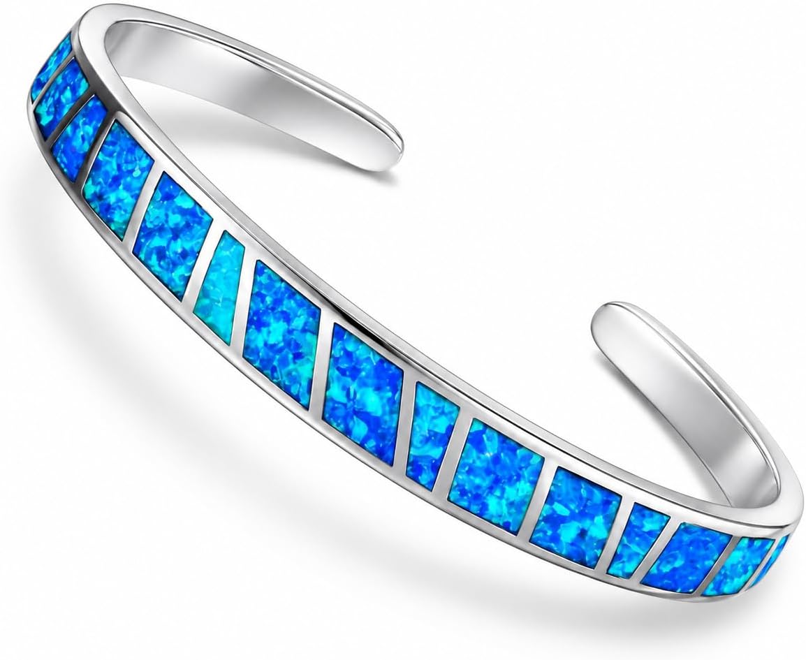 Blue fire opal cuff bracelet on a silver tone band