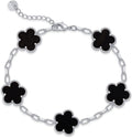 Women's Mother of Pearl Clover Bracelet - 14K Gold Plated Paperclip Chain with Flower or Onyx Charm - White Gold