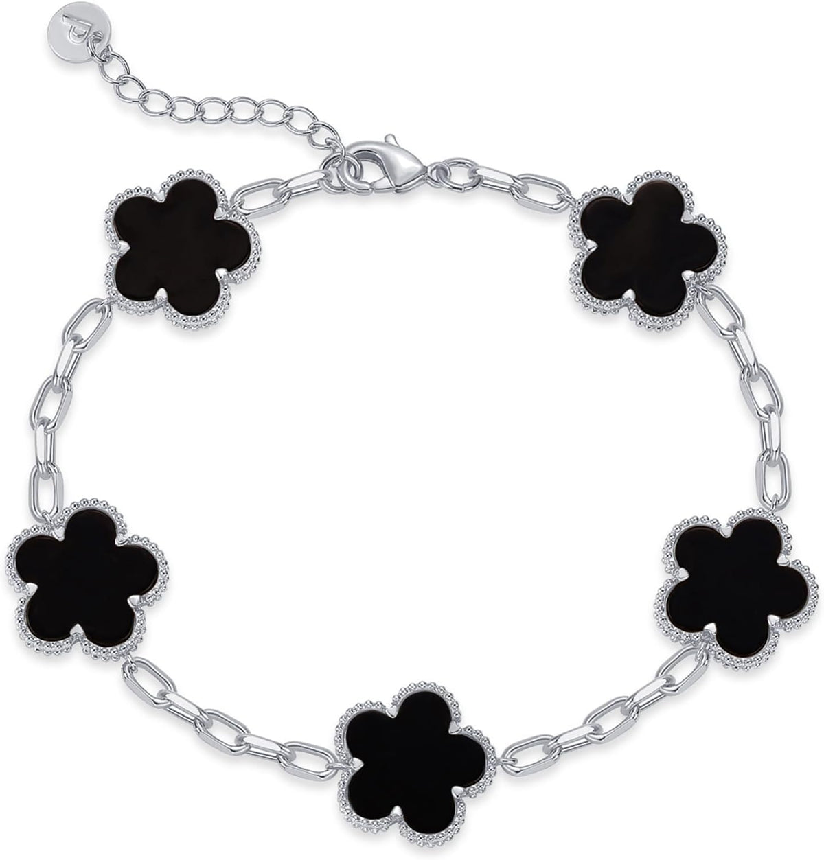 Women's Mother of Pearl Clover Bracelet - 14K Gold Plated Paperclip Chain with Flower or Onyx Charm - White Gold