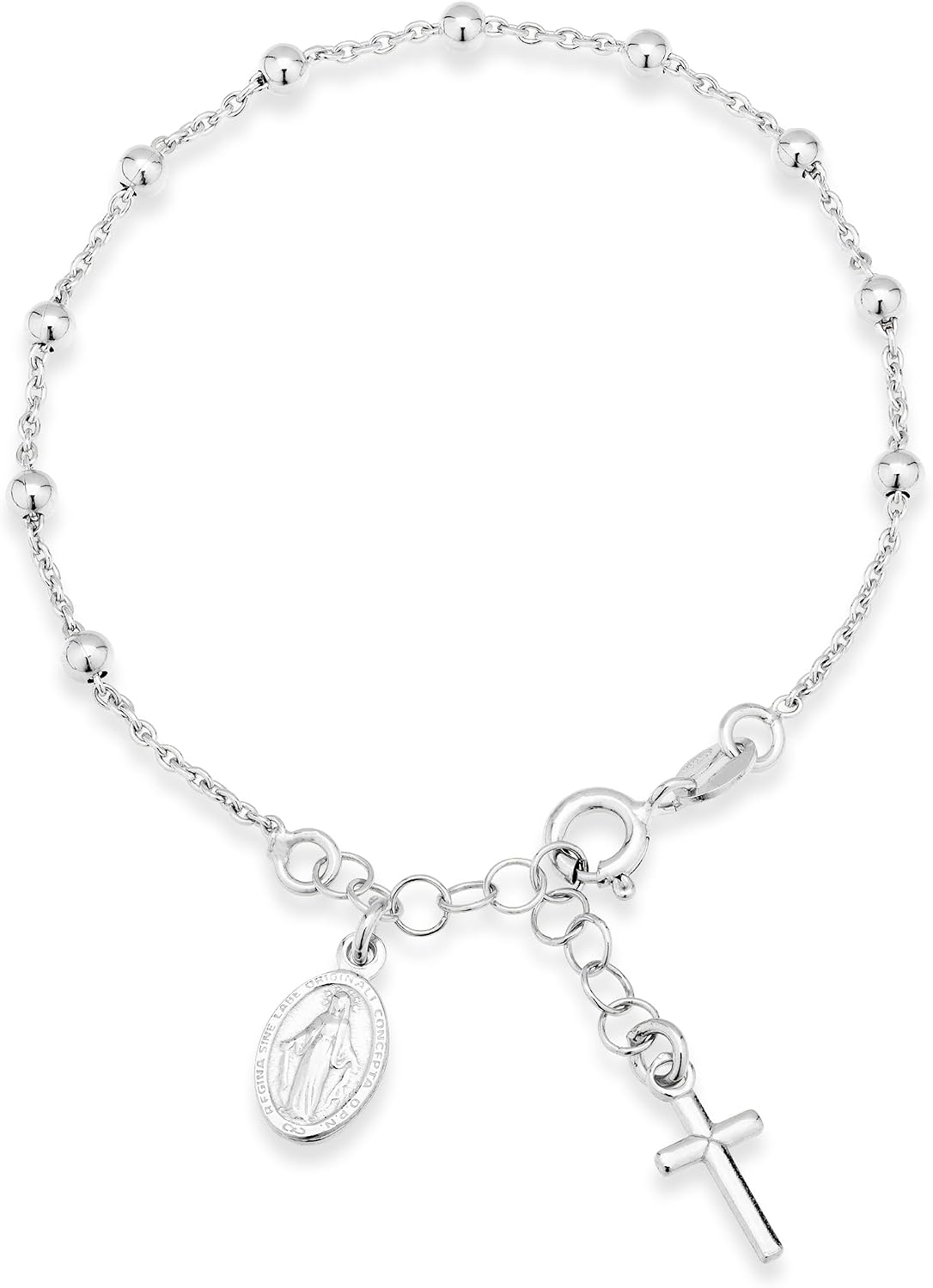 Sterling silver rosary bead bracelet with cross charm, 6 to 7 inch length