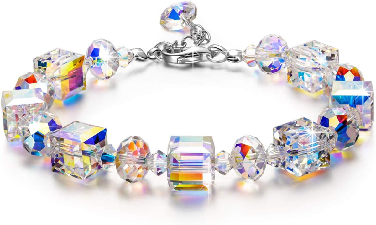 Sterling silver bracelet set with Northern Lights crystals, 7 inch chain