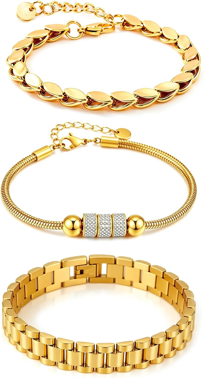 Women's Stainless Steel Layered Bracelet Set - Stackable Chain Bracelets in Gold and Silver Tones for Everyday Wear - Go