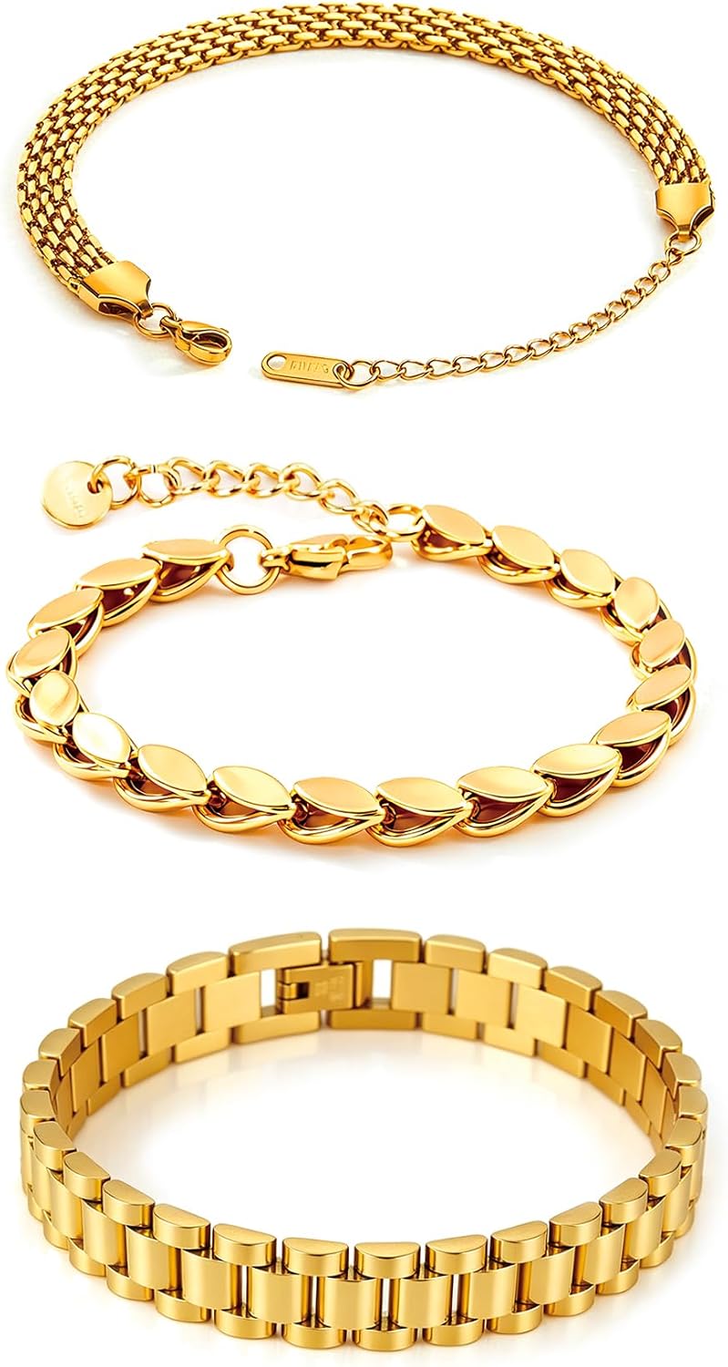 Women's Stainless Steel Layered Bracelet Set - Stackable Chain Bracelets in Gold and Silver Tones for Everyday Wear - Go