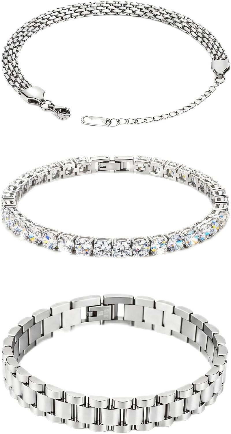Women's Stainless Steel Layered Bracelet Set - Stackable Chain Bracelets in Gold and Silver Tones for Everyday Wear - Go