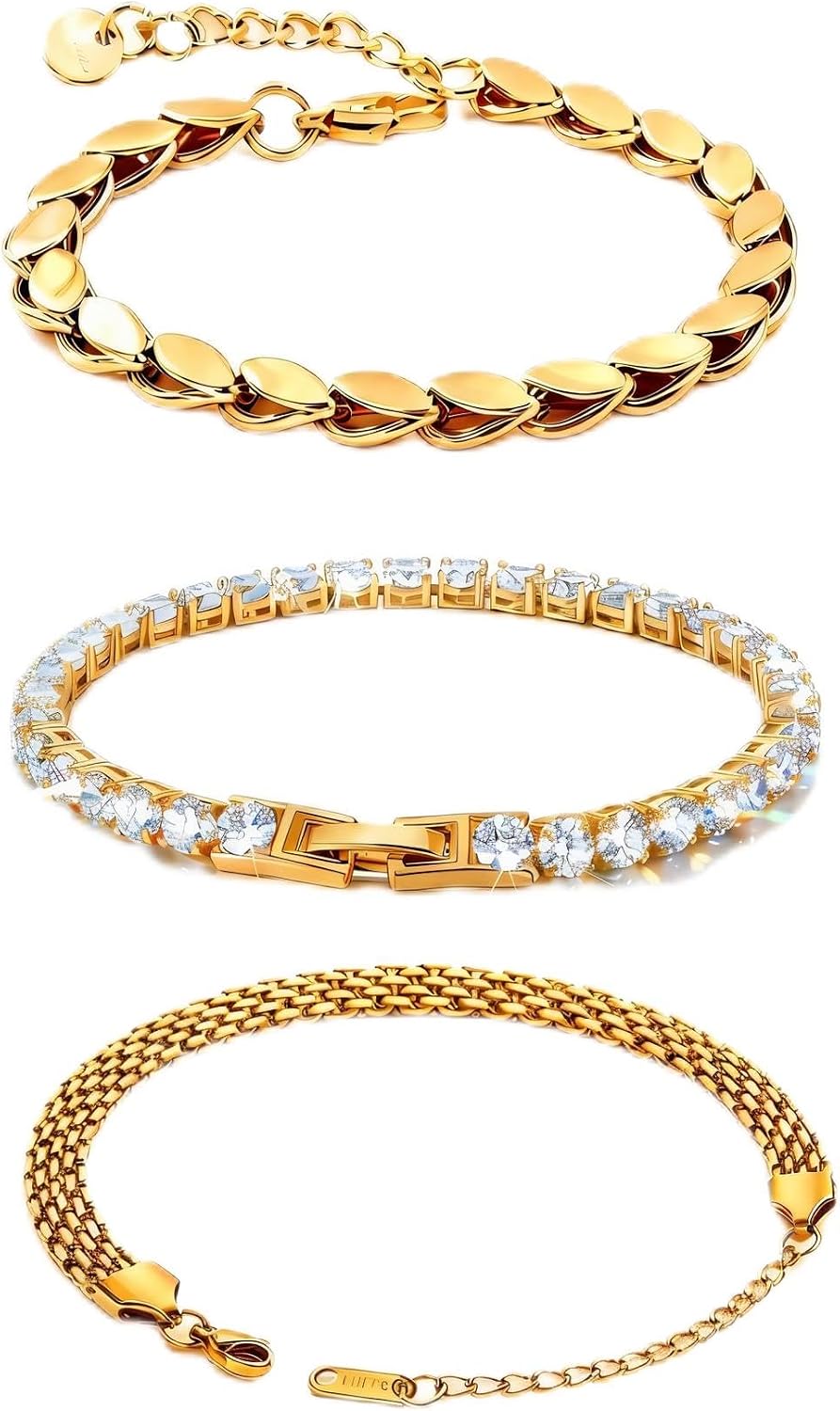 Women's Stainless Steel Layered Bracelet Set - Stackable Chain Bracelets in Gold and Silver Tones for Everyday Wear - Go