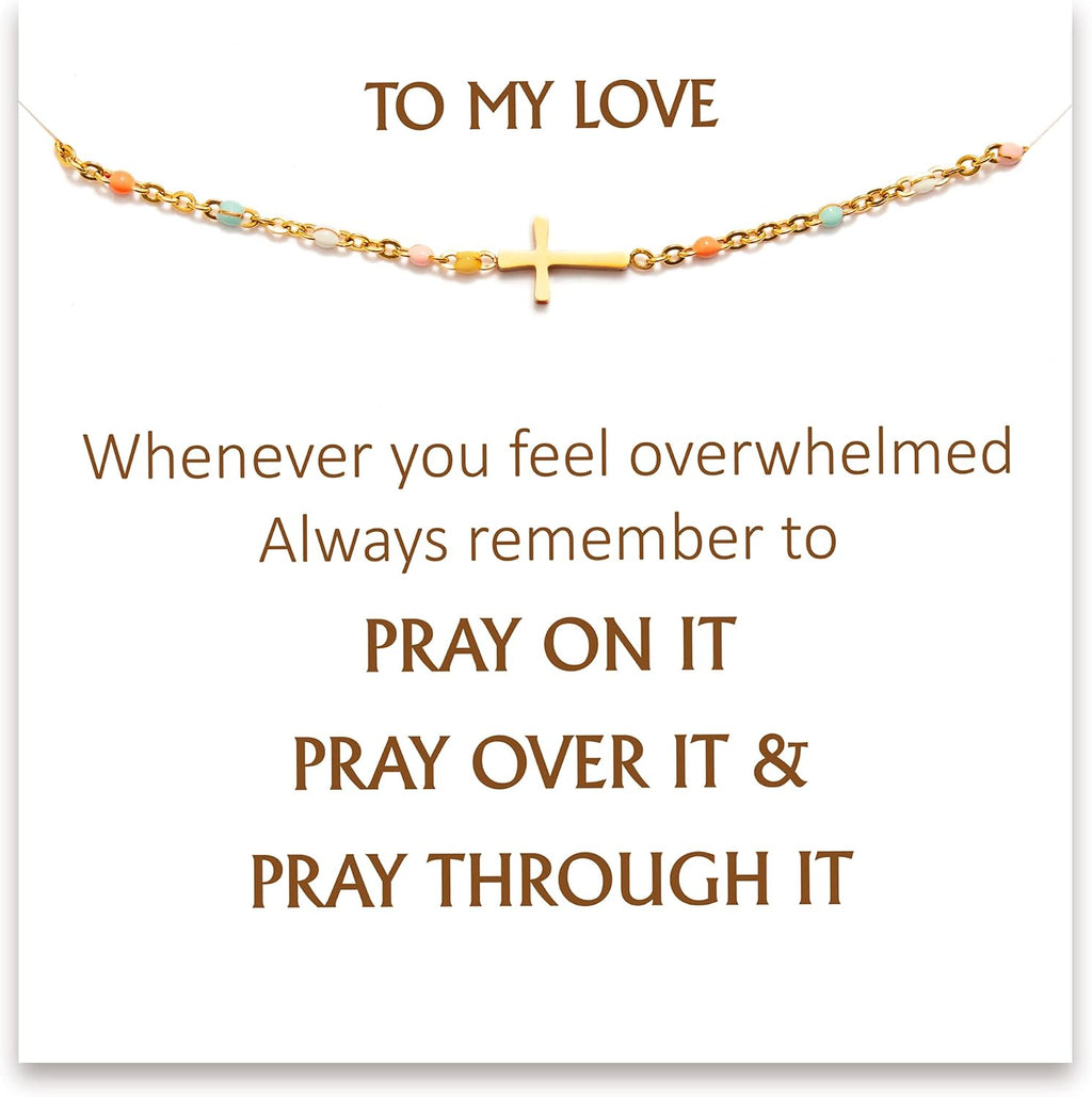 Cross bracelet engraved Be Still and Know, brass plated with 18K gold