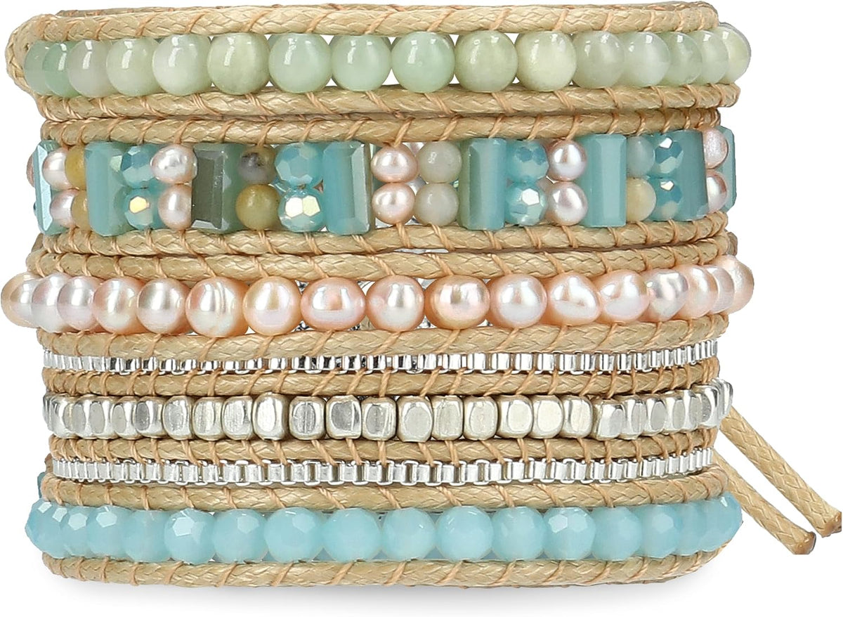 Natural stone beaded wrap bracelet, holiday colorway