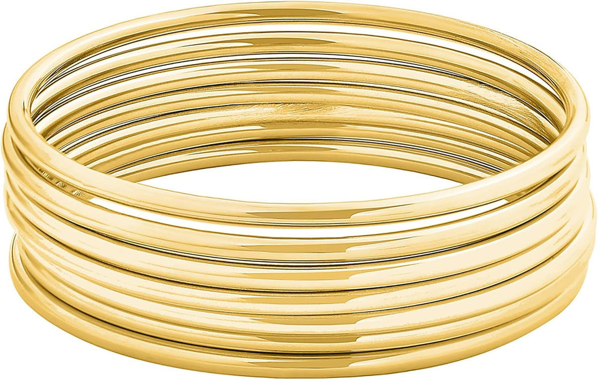 Women's Thin Round Bangle Set - Seven Glossy Stainless Steel Bracelets in Mixed Metal Tones for Stacking - Gold
