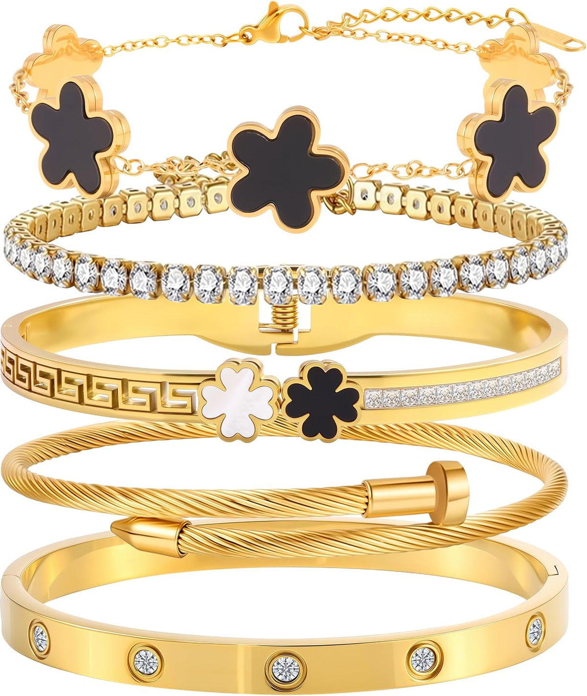 Women's Stainless Steel Clover Bangle Bracelet - Stackable Non Tarnish Charm Bangles for Christmas Gifting - Gold