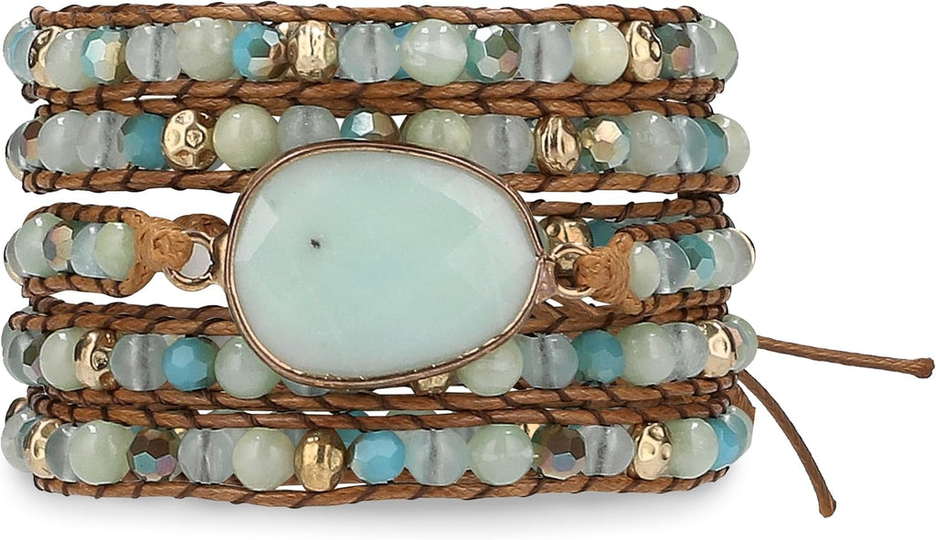 Natural stone beaded wrap bracelet, off white colorway
